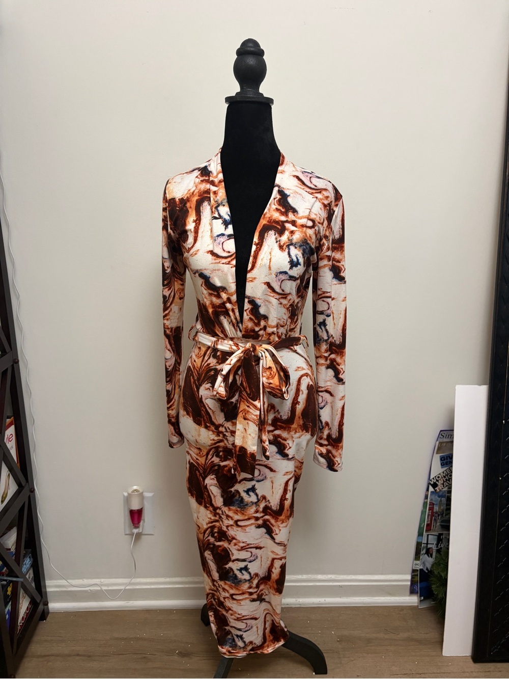 Marble-Print Maxi Wrap Dress in Brown & Cream